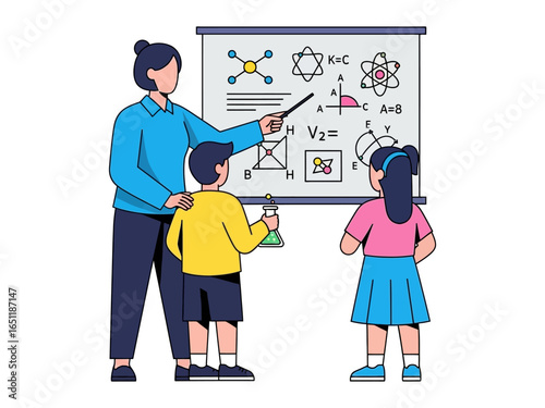 Inspiring Young Minds: A dedicated educator guides children through the wonders of scientific concepts, explaining complex diagrams on a presentation board.
