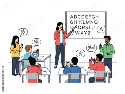 Sign Language Class: A captivating illustration that captures a sign language lesson. The instructor and students are actively engaged, with the alphabet displayed prominently.
