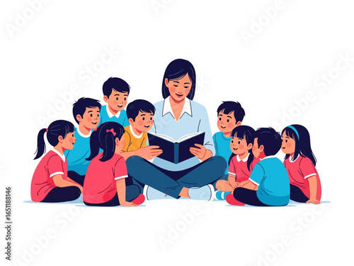 The Storytime Circle: A nurturing educator captivates a circle of eager children with an engaging story, creating an atmosphere of imagination and learning.