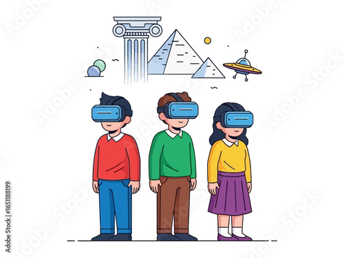 Virtual Reality Experience: A group of children engrossed in the immersive world of virtual reality, exploring ancient wonders and futuristic realms. 