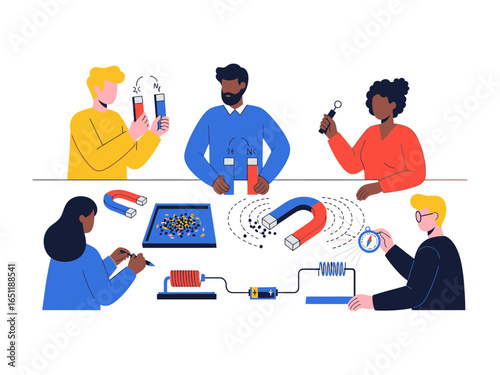 Magnetic Minds: A diverse group of individuals, collaborating in a scientific setting, explore the fascinating world of magnets and magnetism with curiosity and enthusiasm.