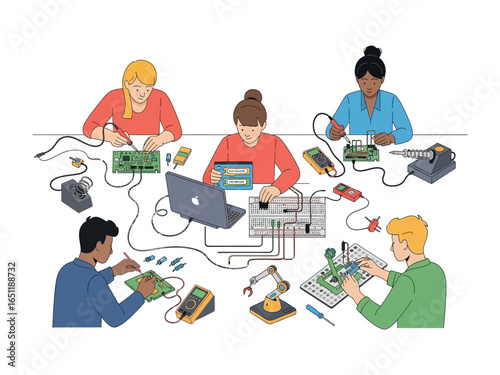 Electronic Assembly Workshop: A vibrant illustration of a diverse group of individuals working collaboratively on intricate electronic circuits.