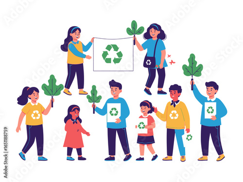 Eco-warriors unite: a vibrant assembly of children proudly displaying a message of environmental sustainability. They celebrate the ethos of recycling.