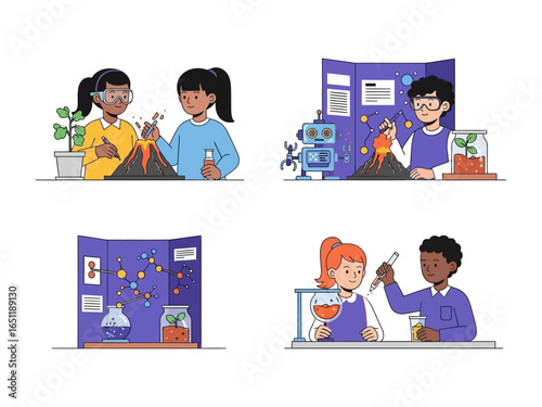 Young Scientists in Action: A vibrant display of children enthusiastically engaging in science experiments, showcasing their innovative learning through the study of volcanoes, robotics.
