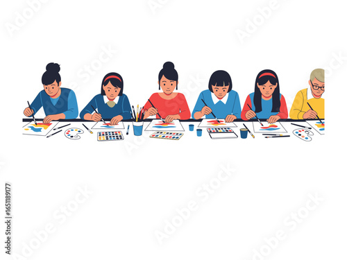 Creative Painting Session: A collection of young girls and one boy are immersed in a painting class, carefully maneuvering their brushes, adding vivid colors to their canvases.