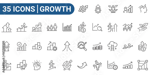Set of 35 outline icons related to growth. Icons for web and mobile app. Linear icon collection. Editable stroke. Vector illustration.