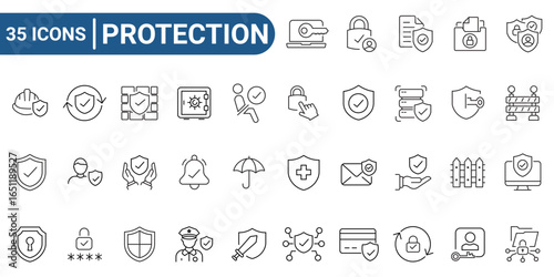 Set of 35 outline icons related to protection. Icons for web and mobile app. Linear icon collection. Editable stroke. Vector illustration.