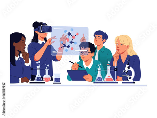 The Future of Learning in Science: A forward-thinking depiction of a group of student embracing virtual reality in a modern science lab.