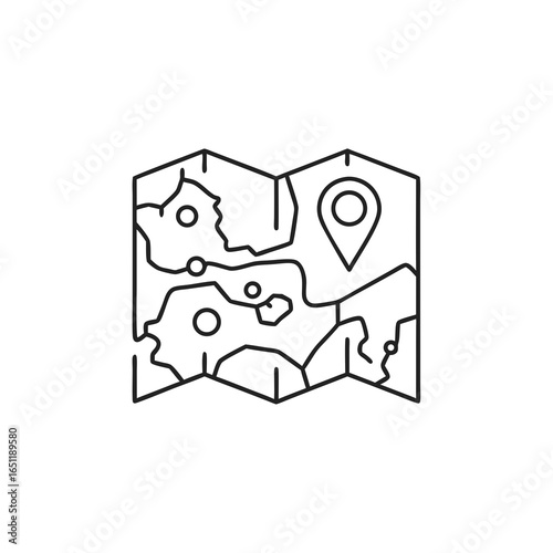 Detailed line art depiction of a navigation map pinpointing a specific location for journeys