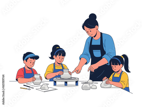 Pottery Class: Capturing a serene scene of a pottery teacher guiding her students through the intricacies of pottery in a light, playful studio atmosphere.