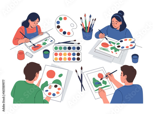 Artistic Inspiration: A collection of people diligently create vibrant paintings, engaging in their passion within a space of inspiration and creativity. 