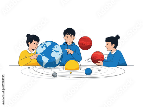 Planet Exploration: A vibrant illustration showing a group of kids engaged in the exploration of our solar system. Engaging in learning about astronomy. 