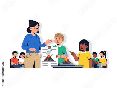 Interactive Science Lesson: A teacher guides a group of diverse students through an interactive science lesson, showcasing a volcanic model in a dynamic and educational setting.