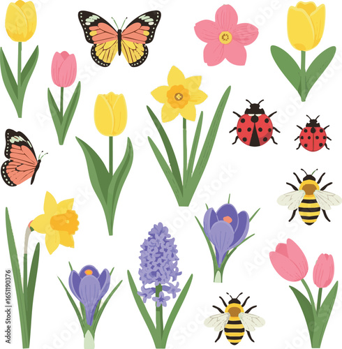 create need Vector set of spring Easter flowers and insects in flat style isolated on white background