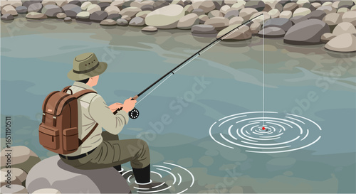 Man fly fishing in a river by a rocky bank