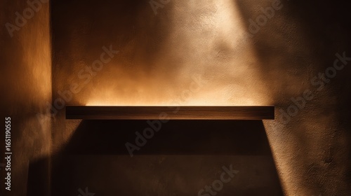 Empty shelf on a wall with dramatic lighting, for product display backdrop use