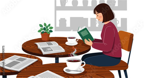 Young adult woman reading book and drinking coffee in caffe