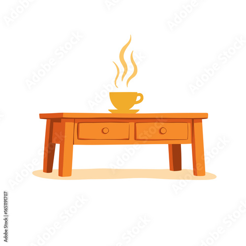 Wooden coffee table with a steaming cup