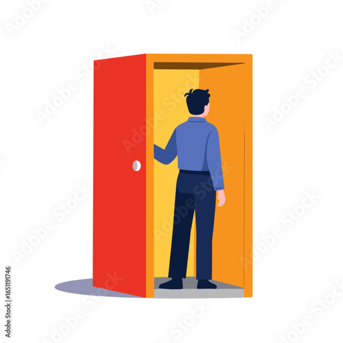 Man standing at a colorful door looking into a bright room  