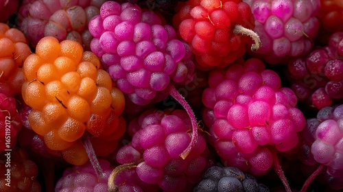 Wallpaper Mural A vibrant collection of rowan berries in shades of pink, red, and orange, glistening with moisture. The berries are arranged against a dark background, highlighting their rich colors and textures. Torontodigital.ca