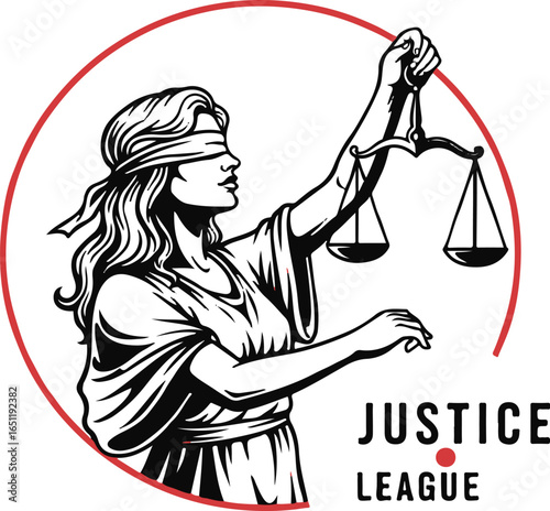 Blindfolded Justice holding scales with JUSTICE LEAGUE text, vector illustration