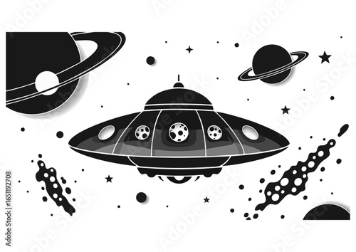 UFO hovering in space with planets and galaxies in artistic monochrome style on white background