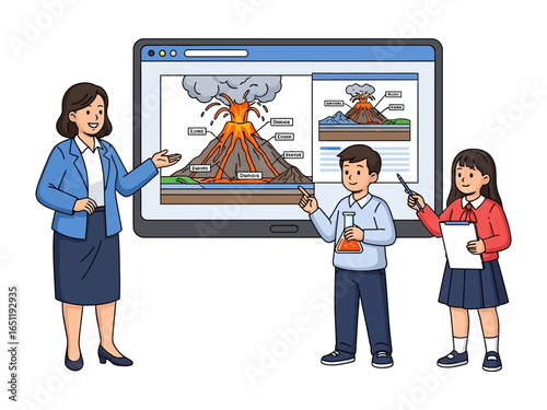 Educational Exploration: A teacher passionately explains volcanic activity to eager students, using an interactive digital display. The image depicts a vibrant scene of learning.