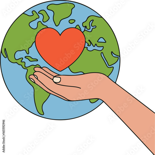 Hands holding planet earth with a red heart symbolizing love and care for the world
