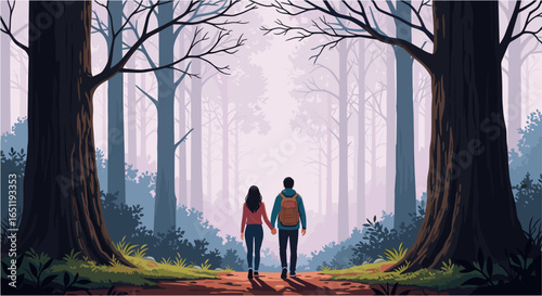 Couple holding hands walking on a forest path