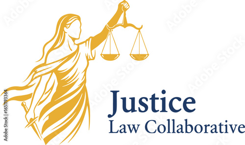 Lady Justice holding scales, Justice Law Collaborative text