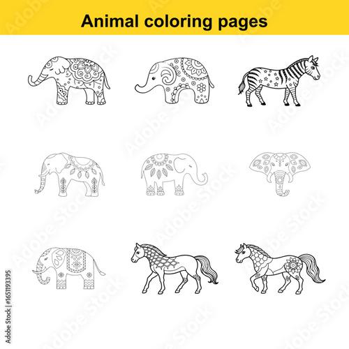 Decorative Animal Coloring Pages: Elephants, Zebra, and Horses
