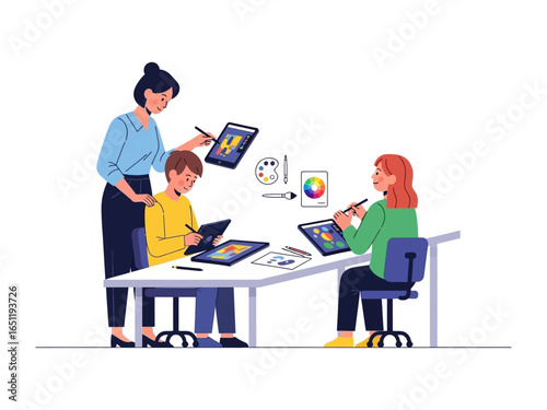 Creative Minds at Work: A graphic art instructor guides two students in a brightly lit classroom, highlighting the collaborative environment of artistic creation.