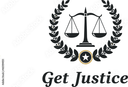 Scales of justice with laurel wreath and "Get Justice" text