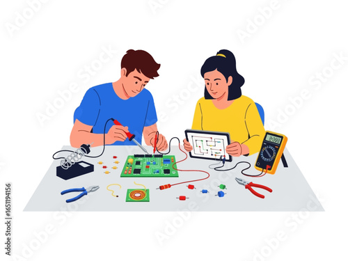 Digital Craft: Two individuals, immersed in electronics. A meticulous process of circuit board construction and electronic device repair. Meticulous work ethic