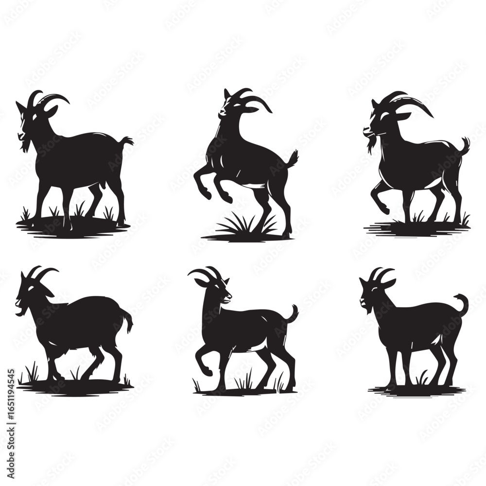 Fototapeta premium Six silhouette goats in various poses on white background
