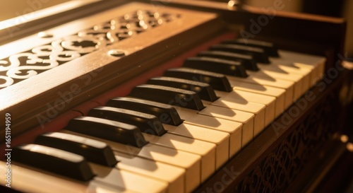 Close up of vintage harmonium keyboard with intricate wooden details