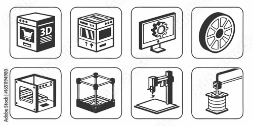 3d printing technology icons isolated on white background