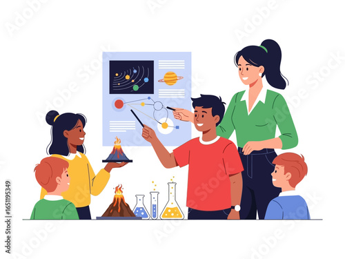 Science lesson with students: a Teacher engaging in hands-on science experiments with students, fostering curiosity and a passion for discovery.