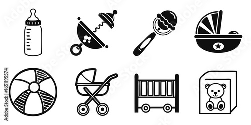 Baby toys and accessories isolated on white background