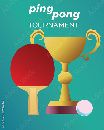 Ping pong tournament poster, red racket, winner cup, green background, vector flat design. Table tennis competition banner, game of professionals, championship winner, champion, best player