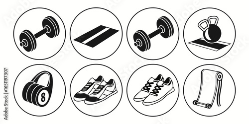 Fitness equipment icons isolated on white