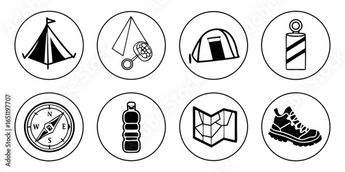 Camping and hiking gear isolated on white background