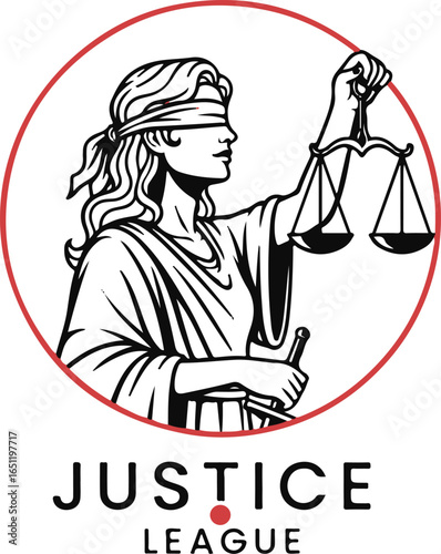 Justice League logo depicting Lady Justice with scales and sword