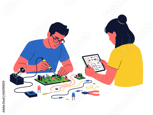 Circuitry Crafts: Two individuals meticulously engaged in electronic circuit board assembly, employing soldering tools, illustrating precision and innovation within the realm of technology.
