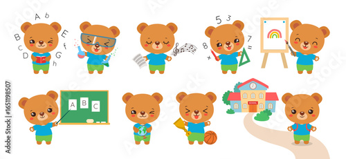 Back to school kawaii character set. Cartoon teddy bear cub. Cute preschool or elementary student mascot. School subject supplies. Educational clipart for teachers, ed tech app, sticker, animation.