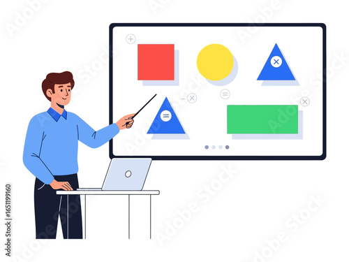 Teaching Shapes: An illustrative depiction of a teacher explaining geometric shapes using a digital interactive board, promoting learning and education.