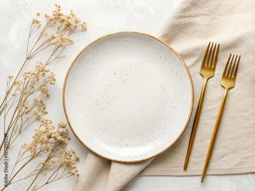 Elegant Table Setting with Gold Flatware and Dried Flowers