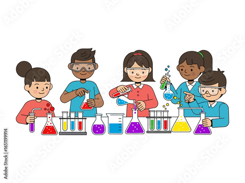 Young Minds at Work: In a vibrant scene of scientific discovery, diverse young students are engrossed in hands-on experiments, as they collaborate with enthusiasm and explore the marvels of chemistry.