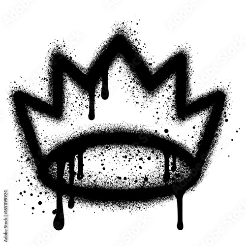 Sprayed crown with over spray in black over white. Spray graffiti stylized crown. Vector illustration.