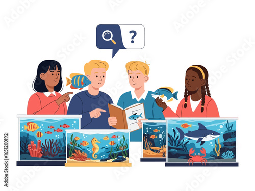 Aquarium Explorer: Diverse children are captivated by vibrant fish in a series of miniature aquariums, exploring the mysteries of the aquatic world through a book and close observation. 